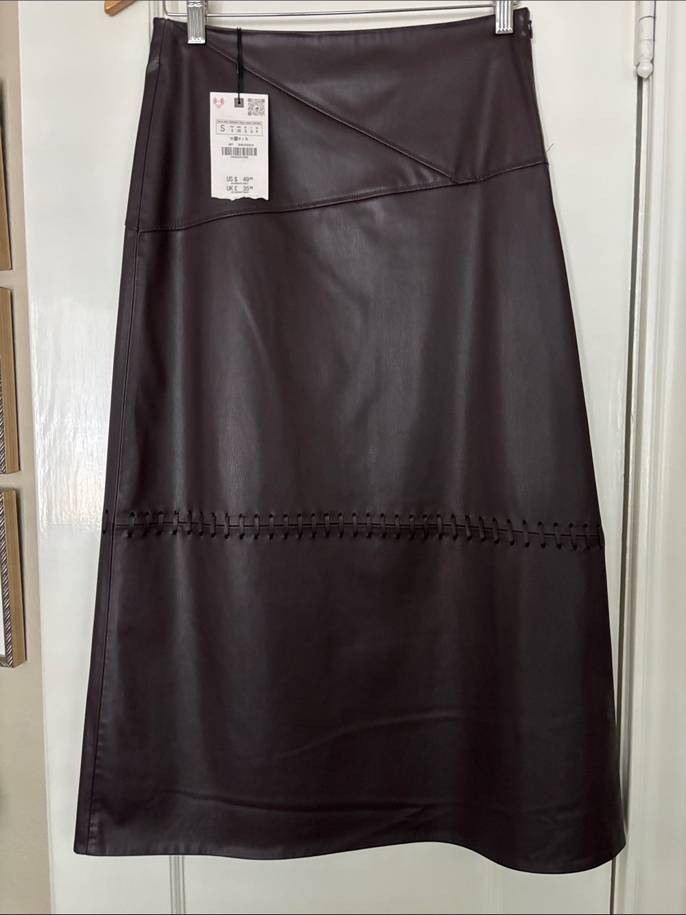 Zara Dark Brown Faux Leather Midi Skirt with Stitch Panel Tags On